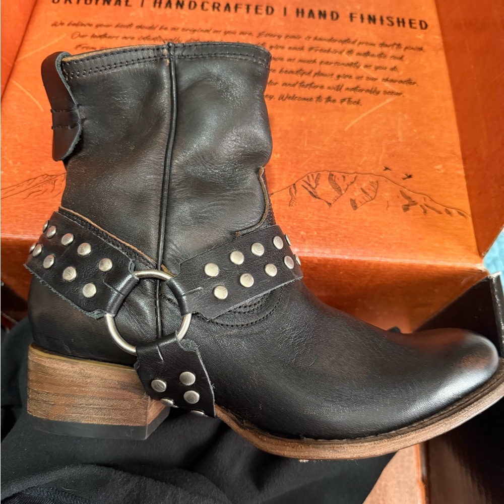 Freebird Black Studded Leather Ankle Bootie 
The studded strap can be removed